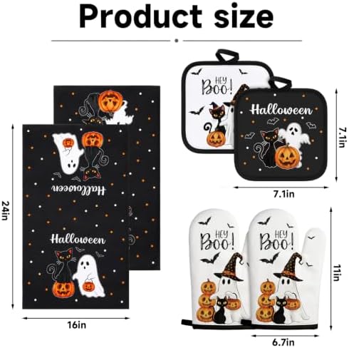 FoldTier 6 Pcs Halloween Kitchen Decoration Set Towel Pot Holder Oven Mitt