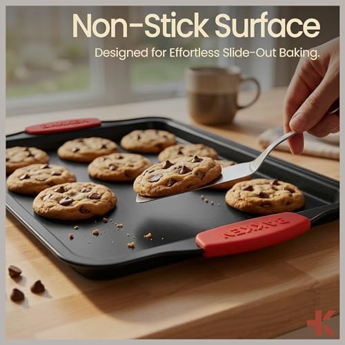 BAKKENMASTER Baking Set – 6 Piece Kitchen Oven Bakeware Set – Deluxe Non-Stick Black Coating Inside and Outside – Carbon Steel – Red Silicone Handles – PFOA PFOS and PTFE Free by Bakken