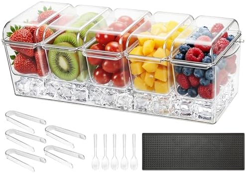 VEVOR Chilled Condiment Server Caddy, 5 Compartment Ice Cooled Serving Container, Plastic Fruit Garnish Tray Platter with Separate Lid, for Taco Salad Bar Accessories, Party Home Restaurant Supplies