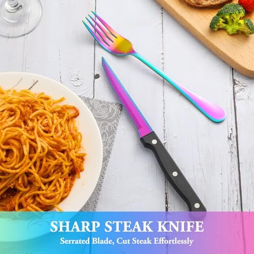 48 Pcs Rainbow Silverware Set with Steak Knives, Stainless Steel Flatware Cutlery Set for 8, Kitchen Tableware Sets, Utensil Sets for Home and Restaurant, Dishwasher Safe