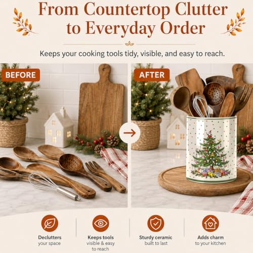 Christmas Tree Green Kitchen Utensil Holder, Xmas Winter Large Ceramic Utensil Holder For Countertop Organizer, 6.3'' Cooking Utensil Crocks Festivel Decor Utensil Storage Cup for Kitchen