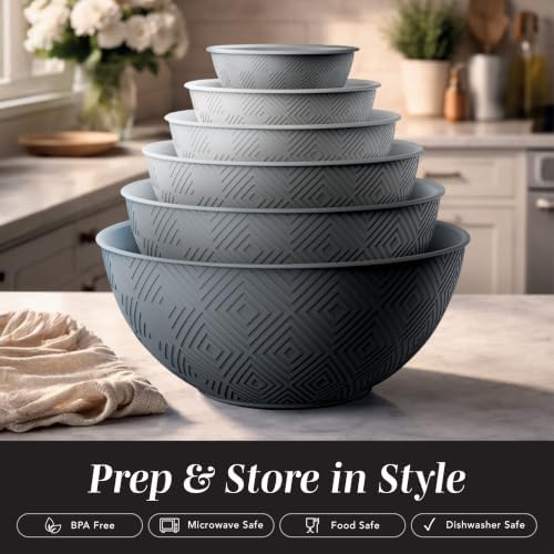COOK WITH COLOR Mixing Bowls with Lids - 12 Piece Plastic Nesting Bowls Set includes 6 Prep Bowls and 6 Lids, Microwave Safe Mixing Bowl Set, Grey Rhombus