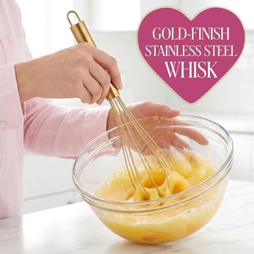 Paris Hilton Kitchen Utensils Tool Crock Set, Bamboo Cooking Tools with Gold-Finish Stainless Steel Whisk and Ceramic Stoneware Utensil Holder, Gingham Design, 7-Piece, Pink