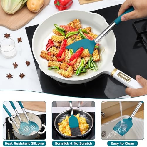 Onader 10 Pieces Silicone Kitchen Utensils Set, Cooking Utensils with Holder and Heat Resistant Stainless Steel Handle for Nonstick Cookware -Blue