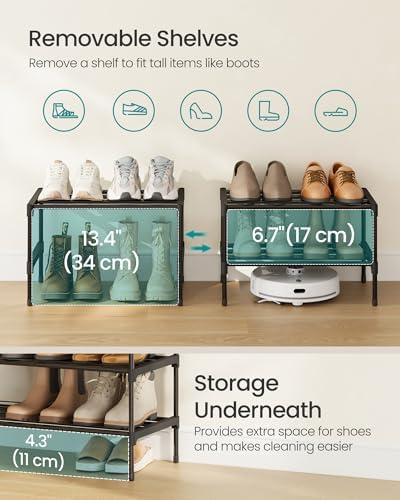 SONGMICS Shoe Rack, 2-Tier Stackable Metal Shoe Organizer, 17.7" Wide