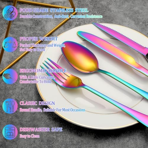 48 Pcs Rainbow Silverware Set with Steak Knives, Stainless Steel Flatware Cutlery Set for 8, Kitchen Tableware Sets, Utensil Sets for Home and Restaurant, Dishwasher Safe