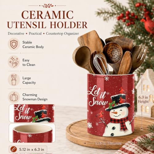 Christmas Snowman Kitchen Utensil Holder, Let It Snow Large Ceramic Utensil Holder For Countertop Organizer, 6.3'' Winter Cooking Utensil Crocks Festivel Decor Utensil Storage Cup for Kitchen