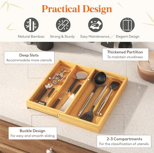 Lifewit Bamboo Utensil Organizer for Kitchen Drawer, Cooking Utensil Tray