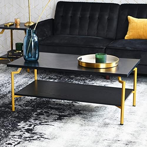 Household Essentials Black Oak & Gold Iron Rectangular Coffee Table