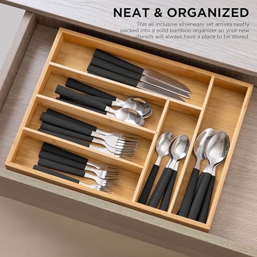 COOK WITH COLOR Bamboo Kitchen Utensil Set with Drawer Organizer | Cooking Tools and Storage Caddy, Black, 25 Piece Cutlery Set