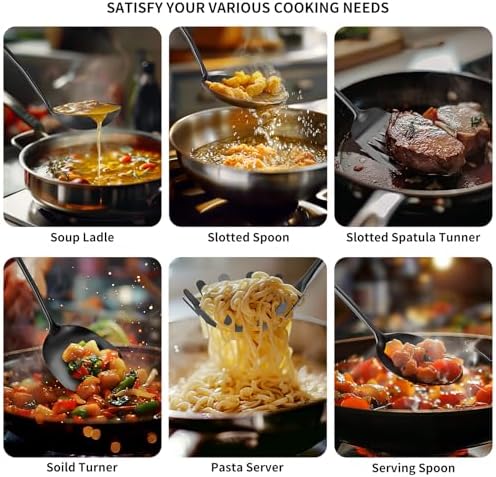 304 Stainless Steel Cooking Utensils,6 Pcs Kitchen Cooking Utensils Set with Spatula, Solid Spoon, Ladle, Skimmer, Spaghetti Spoon,Dishwasher Safe(Black)