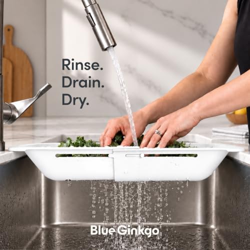 Blue Ginkgo Over Sink Colander, Extendable Kitchen Strainer, White