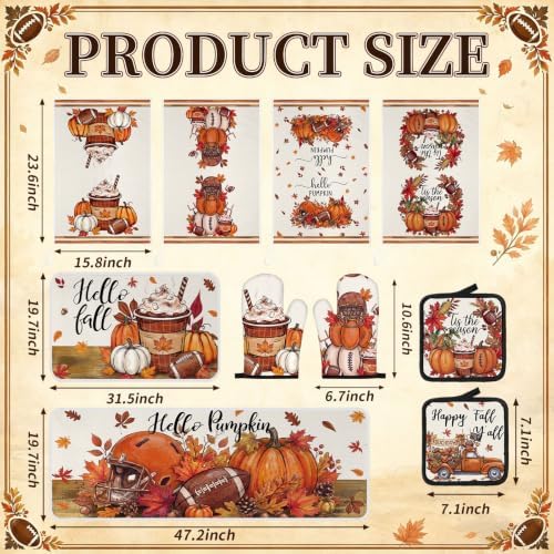 Fanfanwin 10 Pcs Fall Pumpkin Kitchen Decor Set Kitchen Towels Pot Holders Oven Mitts and Rugs Set Thanksgiving Towels for Baking Cooking BBQ Autumn Home(Football,Dark Orange,10)