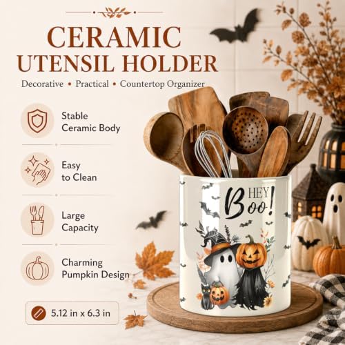 Halloween Cute Ghost Kitchen Utensil Holder, Pumpkin Talavera Large Ceramic Utensil Holder For Countertop Organizer, Summer 6.3'' Cooking Utensil Crocks Scarry Decor Utensil Storage Cup for Kitchen