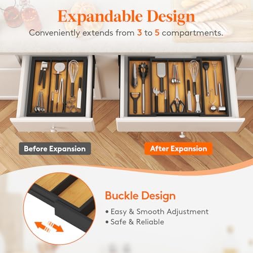 Lifewit Bamboo Utensil Organizer for Kitchen Drawer, Cooking Utensil Tray