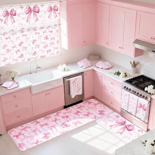 13 Pcs Pink Bow Kitchen Decor Set 3 Coquette Kitchen Curtains Valance 2 Aesthetic Rugs and Mats 4 Girly Hand Towels 2 Pink Pot Holders 2 Oven Mitts for Home Decor Cooking Grilling Housewarming Gift