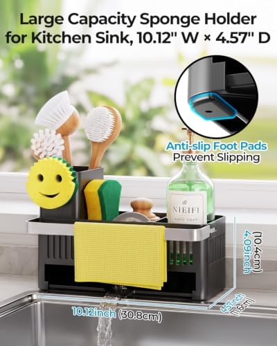 Nieifi Sponge Holder, Black Rustproof ABS Sink Caddy with Towel Rack