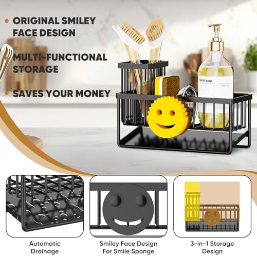 Sponge Holder for Kitchen Sink,Smiley Face Sink Caddy with Removable Brush Holder,Self-Draining Sponge Caddy for Sponge,Soap,Dish Brush,Scrubber,Kitchen Essentials and Gadgets