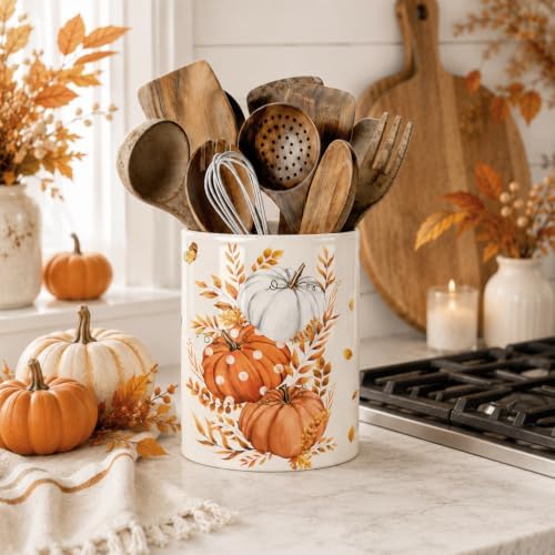 Fall Pumpkin Utensil Holder, Orange Autumn Decor Large Ceramic Utensil Holder For Kitchen Organizer, Farm 6.3'' Cooking Utensil Crocks Rustic Decor Utensil Storage Cup for Countertop