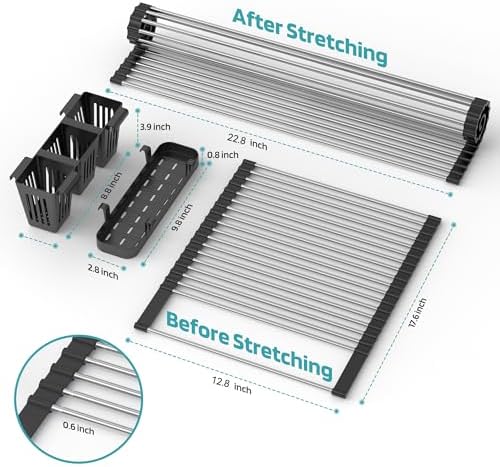 BBXTYLY Extra Large Black Expandable Roll Up Dish Drying Rack Up to 22.8''with 2 Storage Baskets,Over The Sink Kitchen Rolling up Dishes Drainer, Foldable,Rollable