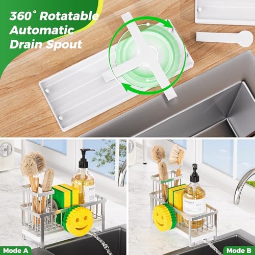 Sponge Holder for Kitchen Sink,Sink Caddy with Removable Dish Brush Holder,Self-Draining Kitchen Countertop Organizers and Storage Essentials,Soap Dispenser Organize and Home Decor-Silver