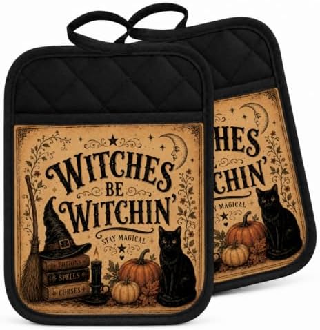 Witchy Halloween Black Cat Pot Holders for Kitchen 2 Pack Set