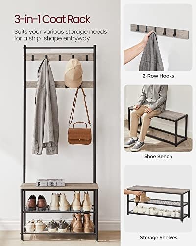VASAGLE Coat Rack, Hall Tree with Shoe Storage Bench, 3-in-1, Steel Frame