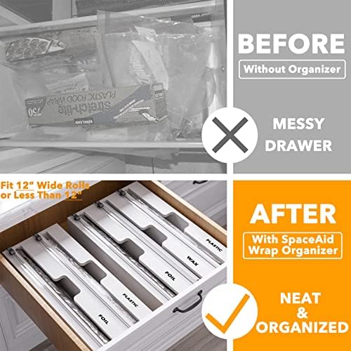 SpaceAid WrapNeat 2 in 1 Wrap Organizer with Cutter and Labels, Plastic Wrap, Aluminum Foil and Wax Bamboo Dispenser for Kitchen Storage Organization Holder for 12" Roll (White)