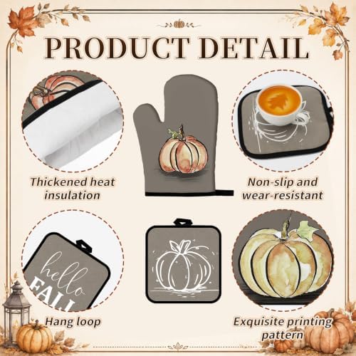 Fanfanwin 10 Pcs Fall Pumpkin Kitchen Decor Set Kitchen Towels Pot Holders Oven Mitts and Rugs Set Thanksgiving Towels for Baking Cooking BBQ Autumn Home(Minimalist Style Pumpkin,Light Brown,10)