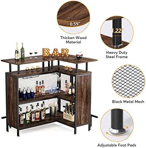 Tribesigns Home Bar Unit, L-Shaped Bar Table with Stemware Racks and 2-Tier Shelves, Corner Mini Coffee Liquor Cabinet with Footrest for Home/Kitchen/Pub, Rustic Brown