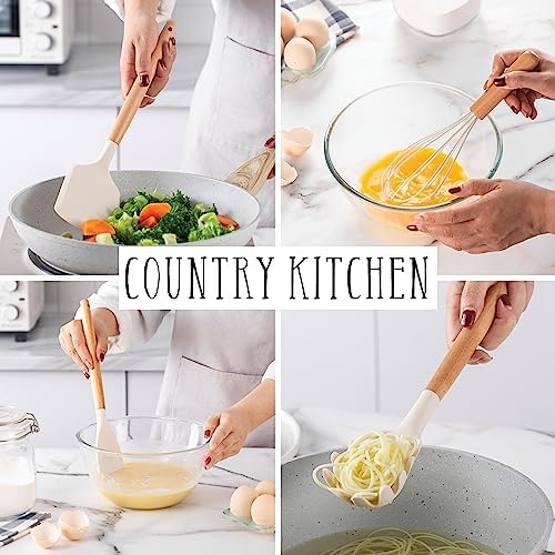 Country Kitchen Non Stick Silicone Utensil Set with Rounded Wood Handles for Cooking and Baking, 38 Piece Set, Khaki