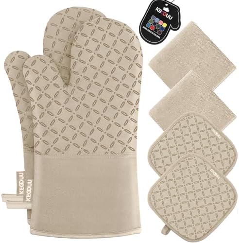 KEGOUU Oven Mitts and Pot Holders 6pcs Set, Kitchen Oven Glove High Heat Resistant 500 Degree Extra Long Oven Mitts and Potholder with Non-Slip Silicone Surface for Cooking (Almond)