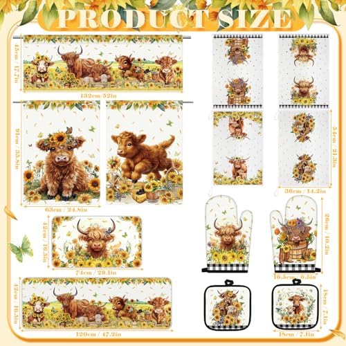 13 Pcs Sunflower Highland Cow Kitchen Curtains Valance Decor Set