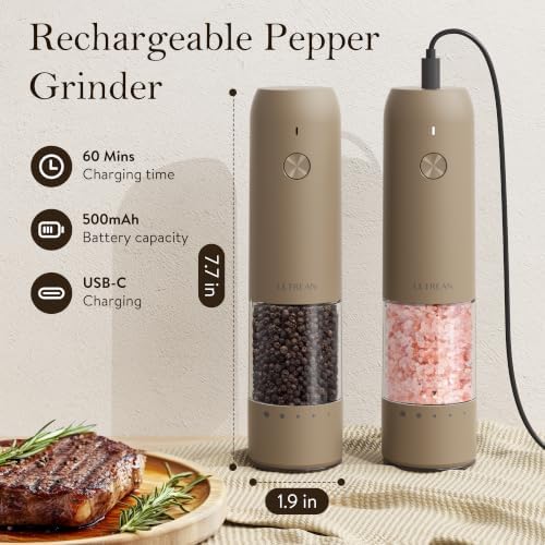Ultrean Electric Salt and Pepper Grinder Set, Rechargeable,Brown