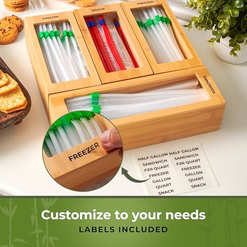 Bamboo Storage Bag Organizer for Kitchen Drawer, Plastic Baggie Organizer