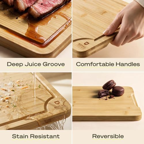 ROYAL CRAFT WOOD Wooden Cutting Boards for Kitchen Meal Prep & Serving - Bamboo Wood Serving Board Set with Deep Juice Groove Side Handles - Charcuterie & Chopping Butcher Block for Meat
