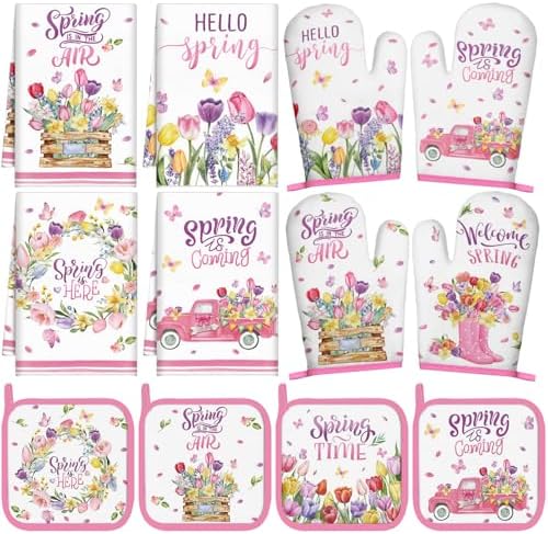 SiliFine 12 Pcs Spring Kitchen Accessories Set Floral Kitchen Towels Oven Mitts and Pot Holders, Hello Spring Decorations with Tulips and Trucks for Cooking, Baking, Home Decorations