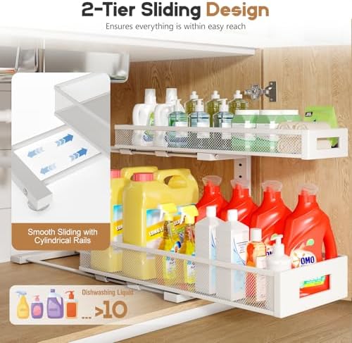 2 Pack 20.47IN Depth Under Sink Storage Organizer, Large 2-Tier Elegant Mesh Pull Out Shelf for Kitchen and Bathroom Cabinet Organization, L-Shaped and Adjustable Height Design-White