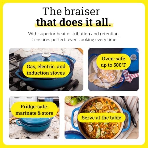 Lodge Essential Enamel Cast Iron Braiser, 3.6 Quart, Caribbean Blue