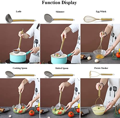 38 Piece Silicone kitchen Cooking Utensils Set with Utensil Rack, Silicone Head and Stainless Steel Handle Cookware, Kitchen Tools for Utensil Sets, Non-Stick kitchen Gadgets, Dishwasher Safe (Gold)