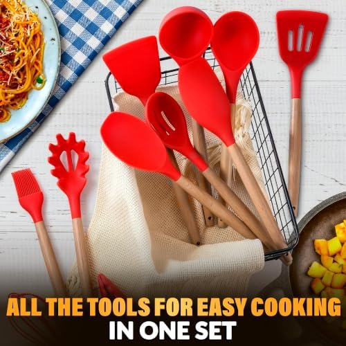 12 Pcs Red Kitchen Accessories with Holder for Nonstick Cookware