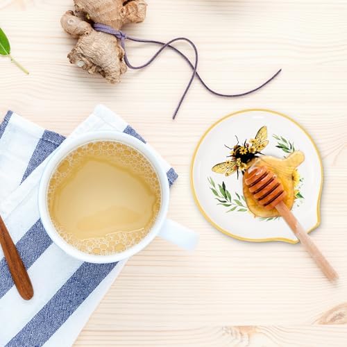 JarThenaAMCS 2Pcs Summer Bee Ceramic Spoon Rest Yellow Black Sunflower Bee Small Coffee Spoon Holder for Stove Top Stirrers Teaspoon Bar Coffee Station Accessories,4.7 Inch