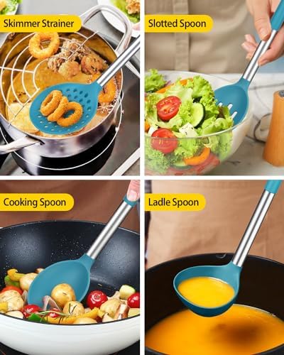 Silicone Kitchen Utensils Set, 8Pcs Cooking Utensils with Holder, Blue