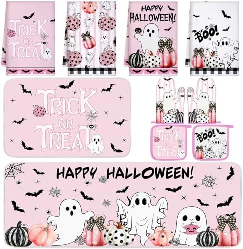 Fanfanwin 10 Pcs Halloween Kitchen Decor Pink Ghost Kitchen Rugs Set