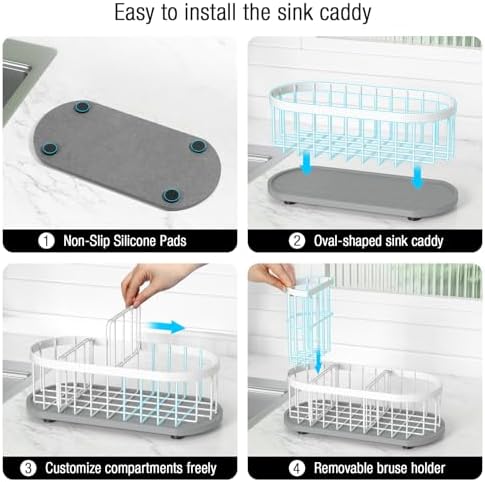 Sink Caddy with Stone Drying Mat, Sponge Holder & High Brush Holder
