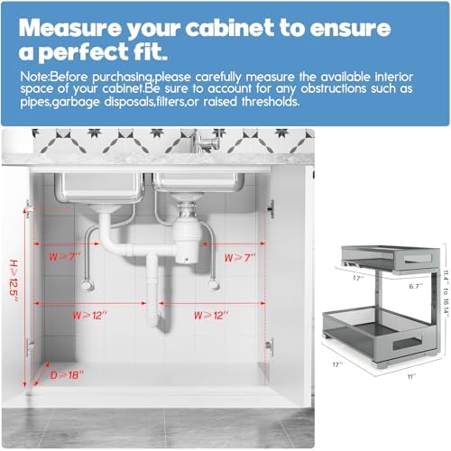 1 Pack 17IN Depth Under Sink Storage Organizer, Large 2-Tier Elegant Mesh Pull Out Shelf for Kitchen and Bathroom Cabinet Organization, L-Shaped and Adjustable Height Design-Gun Gray