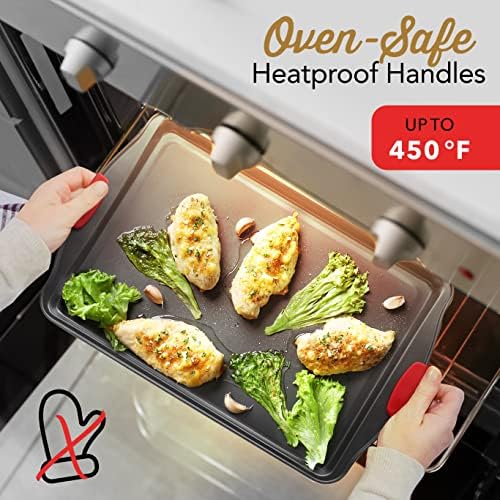 Eatex Nonstick Baking Sheet Set, 2-Piece Baking Pans Set with Silicone Handles, Carbon Steel Cookie Sheets for Baking Commercial Grade Quality Oven Tray, Large Half Sheet Pans for Baking