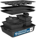 Gray Marble 10-Piece Bakeware Sets, Nonstick Carbon Steel Baking Sheet & Pans, Stackable Space-Saving Bakeware, Dishwasher Safe, Stain-resistant, PFOAPFOSPTFE Free, Oven Safe Up To 450°F (230°C)