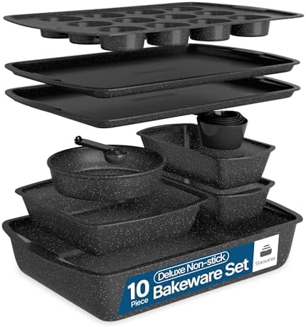 Gray Marble 10-Piece Bakeware Sets, Nonstick Carbon Steel Baking Sheet & Pans, Stackable Space-Saving Bakeware, Dishwasher Safe, Stain-resistant, PFOAPFOSPTFE Free, Oven Safe Up To 450°F (230°C)