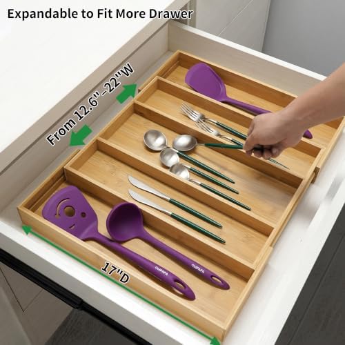 Utoplike Bamboo Expandable Kitchen Drawer Organizer Silverware Utensil Tray
